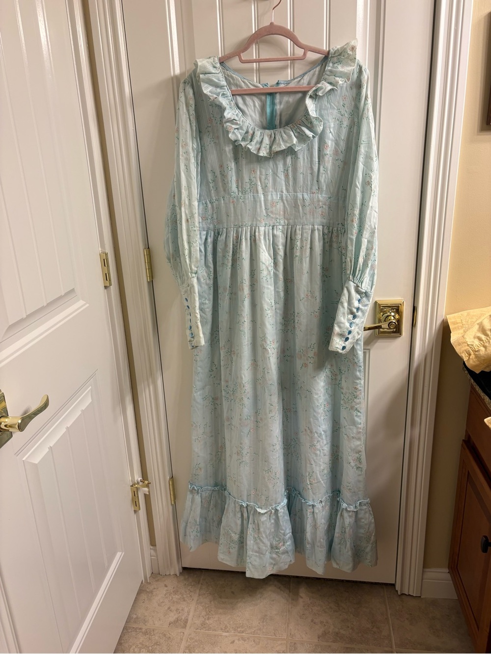 Handmade Vintage 70’s Light Blue Floral Prairie Maxi Dress Long Sleeve L